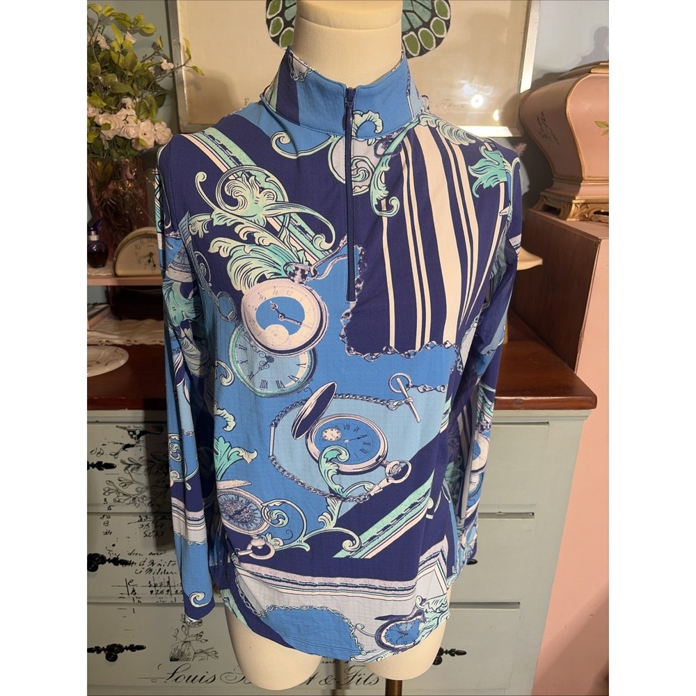 IBKUL Womens Blue Nautical Pocket Watch Print UPF 50 Quarter Zip Sun Shirt Sz M